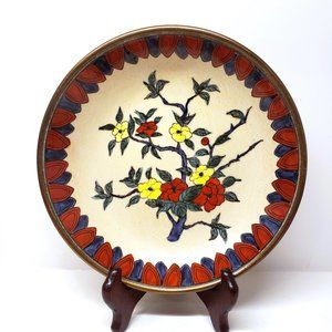 Brass Clad Japanese Peony Bowl Hand Painted Porcelain Dish Vintage MHH Mark 7.5"